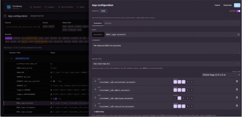 Corebanq App configuration view — administrator editing the RBAC.type.accounts entry with per-role CRUDA permissions